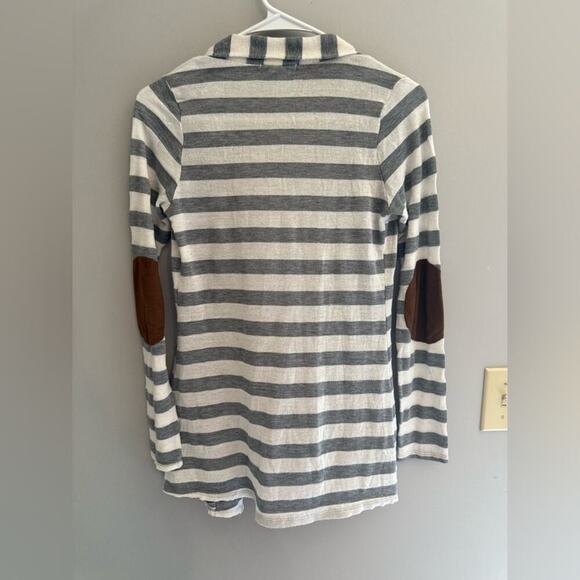 Alwaysme Open Front Cardigan Grey White Striped Elbow Pads Casual Layering - Picture 6 of 8
